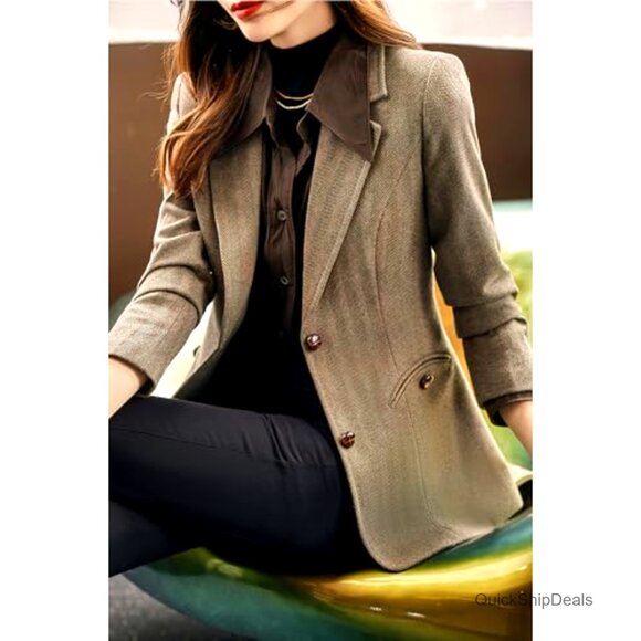 Wool Blend Blazer Notched Lapel Slim Fit Herringbone Pattern Single Breasted - Picture 5 of 6